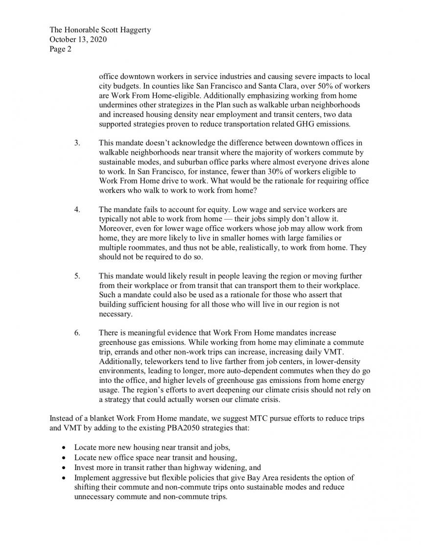 Bay Area Letter to MTC Regarding Potential Work from Home Mandate
