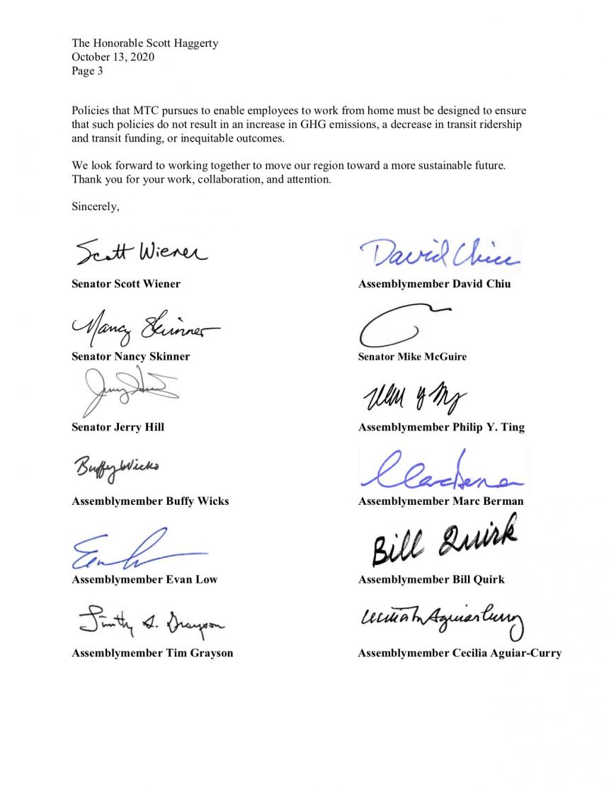 Bay Area Letter to MTC Regarding Potential Work from Home Mandate